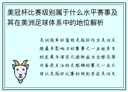 美冠杯比赛级别属于什么水平赛事及其在美洲足球体系中的地位解析 美冠杯比赛级别属于什么水平赛事及其在美洲足球体系中的地位解析